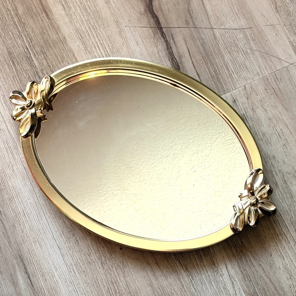 CI Gold Oval Mirrored Vanity Tray Bow Floral Accents Vintage Style 13.5in